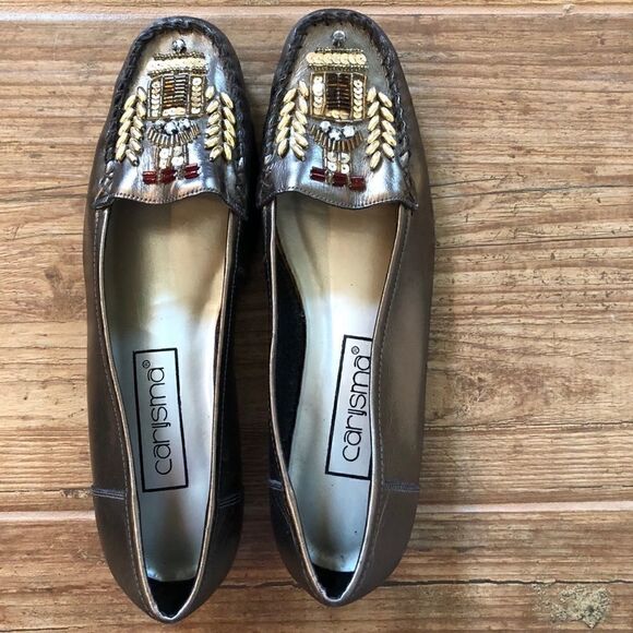 Carisma Sz 7.5N Leather Pewter Metallic Beaded Slip On Resort Summer Loafers - Picture 2 of 9